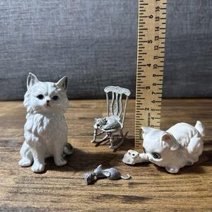 Group Of Vintage Cat Figures- Ceramic & Pewter With Mice